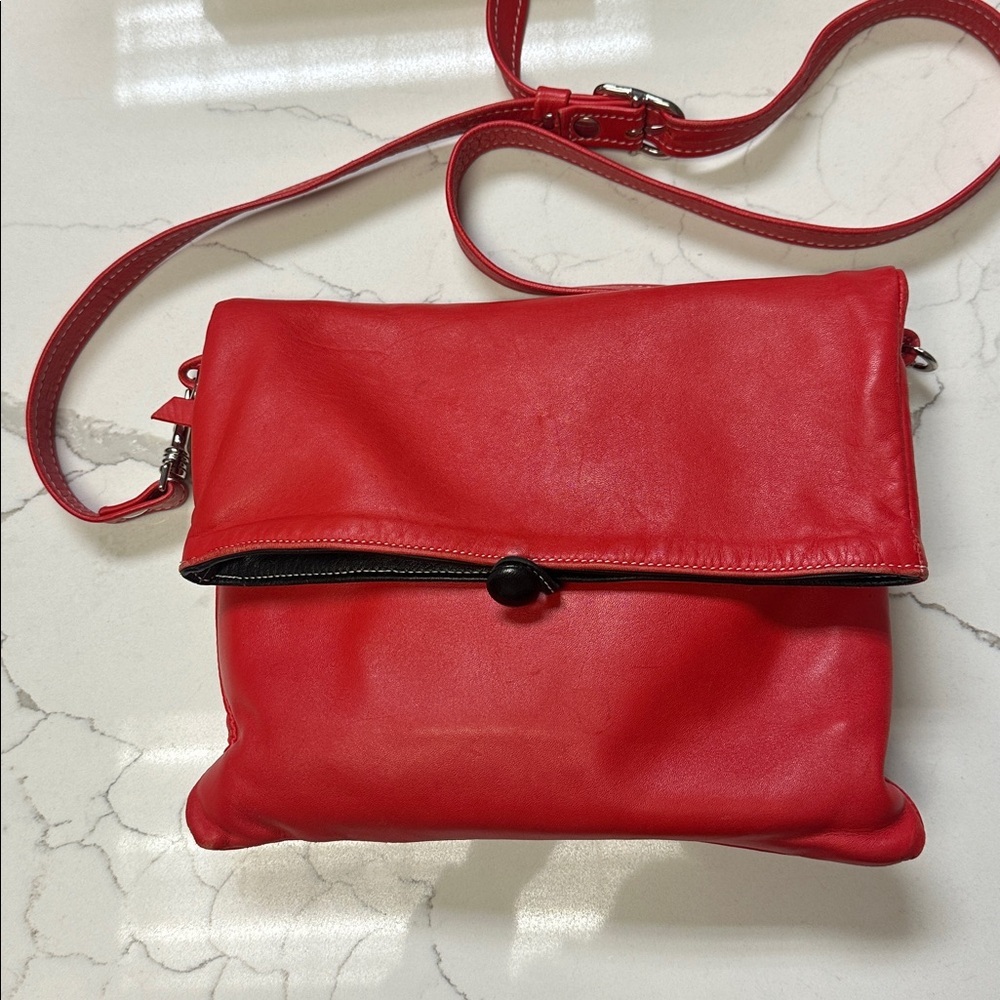 Cherry Red Italian Leather Crossbody Handbag Clutch Purse
